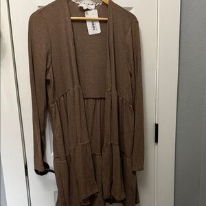 R2 Long Ribbed Open Cardigan - Brown